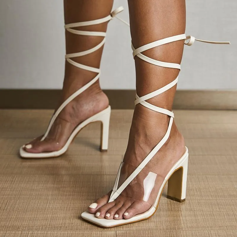 Chicvane Clear Lace Up Strappy Gladiator Stilettos Square Toe Dress Sandals