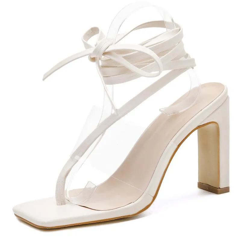 Chicvane Clear Lace Up Strappy Gladiator Stilettos Square Toe Dress Sandals