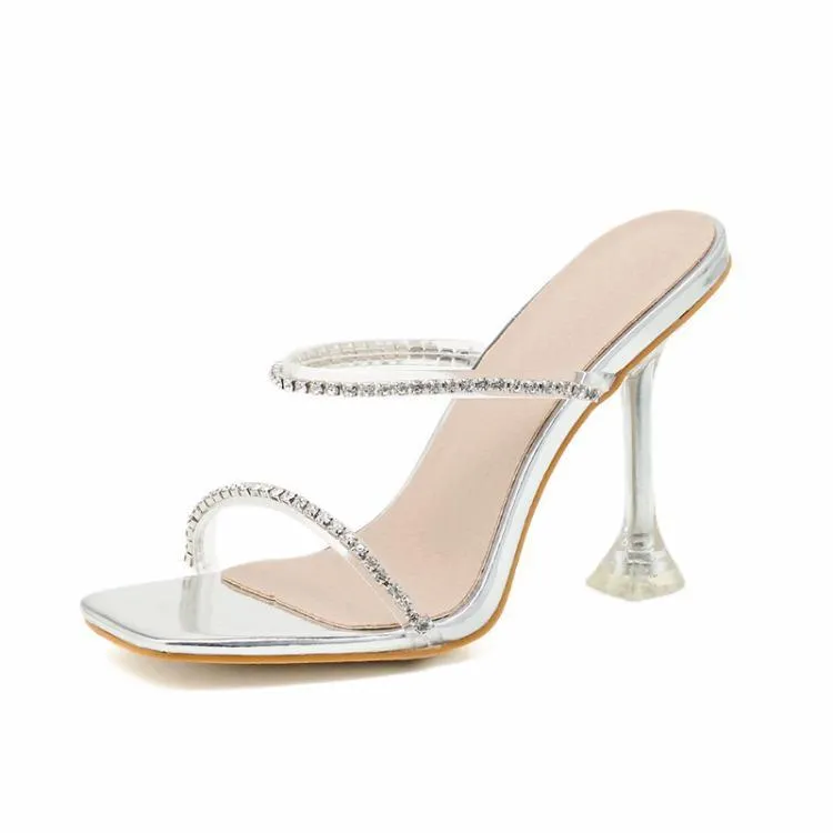 Chicvane Rhinestone Heels Slide Sandals With Wineglass Heel