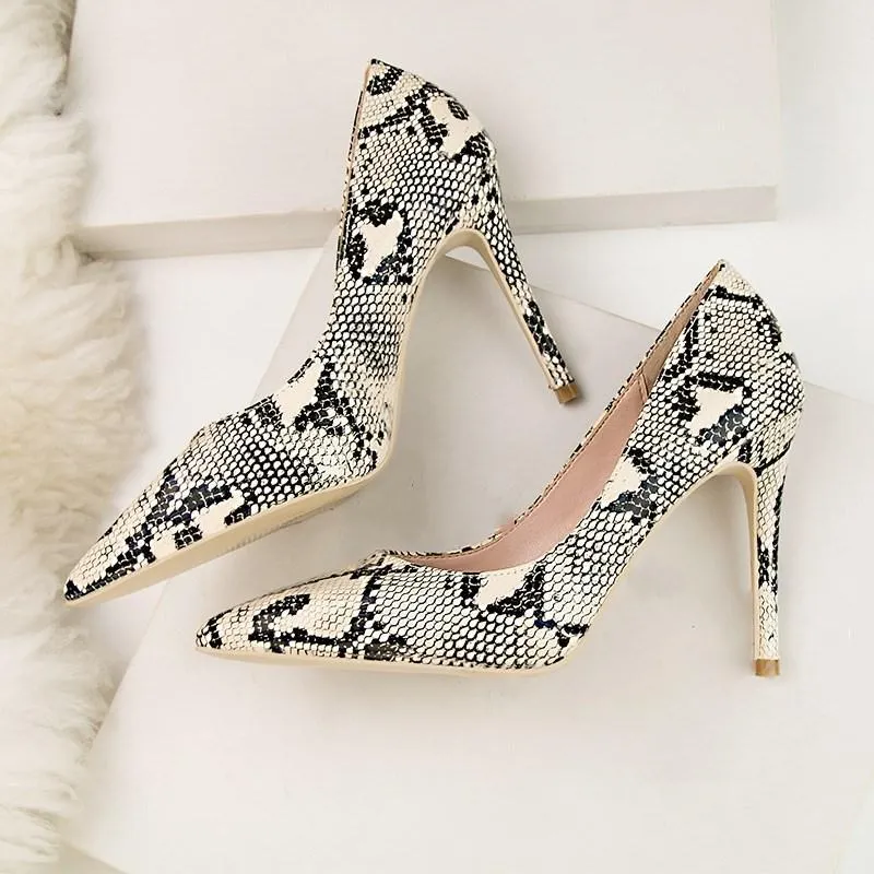 Chicvane Snake Print Stiletto Heel Party Shoes Pointed Toe Bridal Shoes