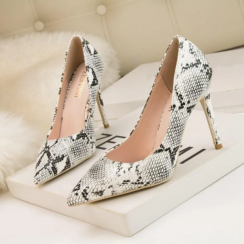 Chicvane Snake Print Stiletto Heel Party Shoes Pointed Toe Bridal Shoes
