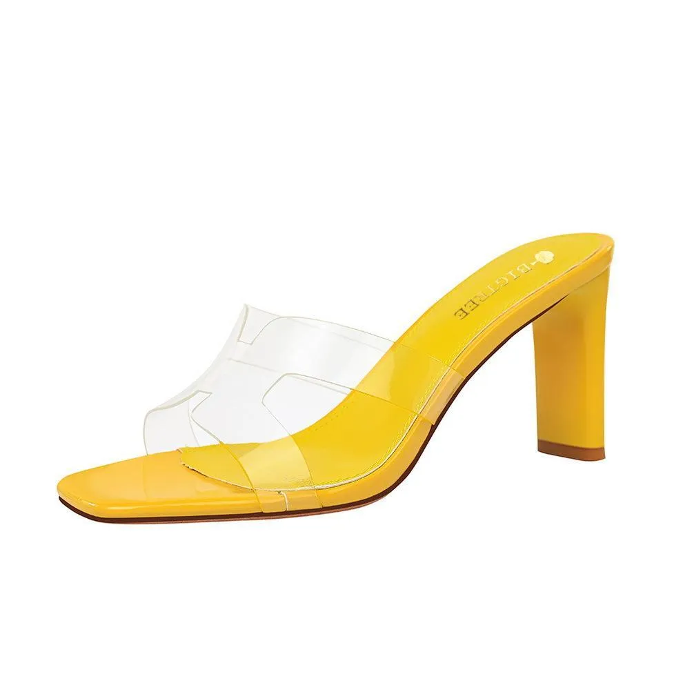 Chicvane Transparent Straps Square Toe Chunky Heel Slides Shoes