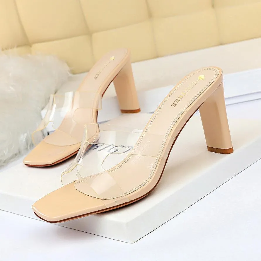 Chicvane Transparent Straps Square Toe Chunky Heel Slides Shoes