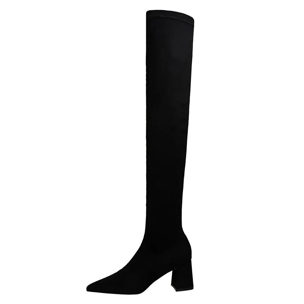 Chicvane Women Stretch Suede Pointed ToeChunky Heel Over The Knee Boots With Zipper