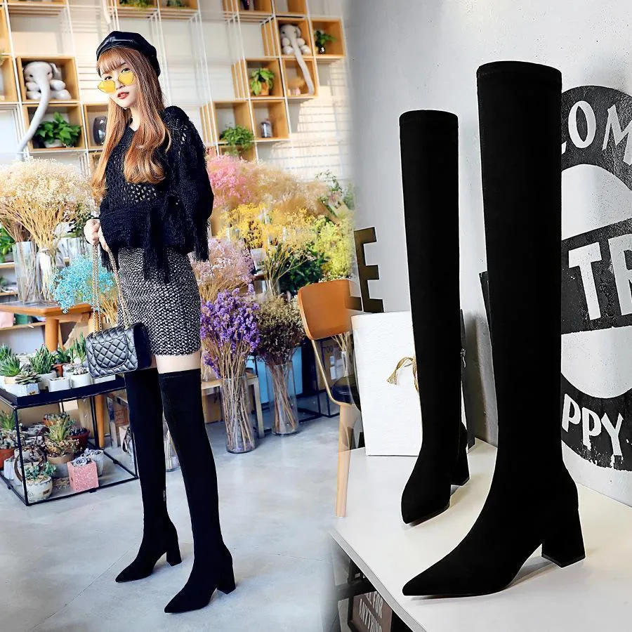 Chicvane Women Stretch Suede Pointed ToeChunky Heel Over The Knee Boots With Zipper