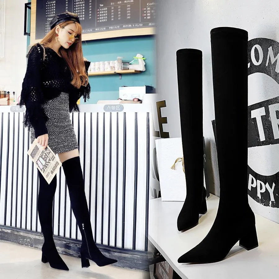 Chicvane Women Stretch Suede Pointed ToeChunky Heel Over The Knee Boots With Zipper
