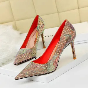 Chicvane Womens Color Block Rhinestone Stiletto Heels Pointed Toe Bridal Pumps