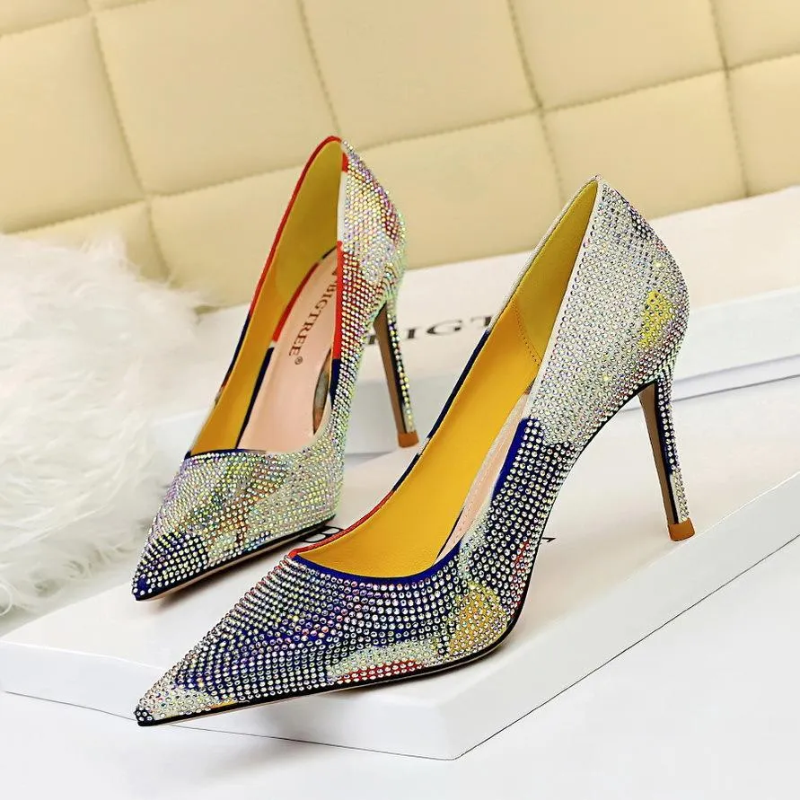 Chicvane Womens Color Block Rhinestone Stiletto Heels Pointed Toe Bridal Pumps