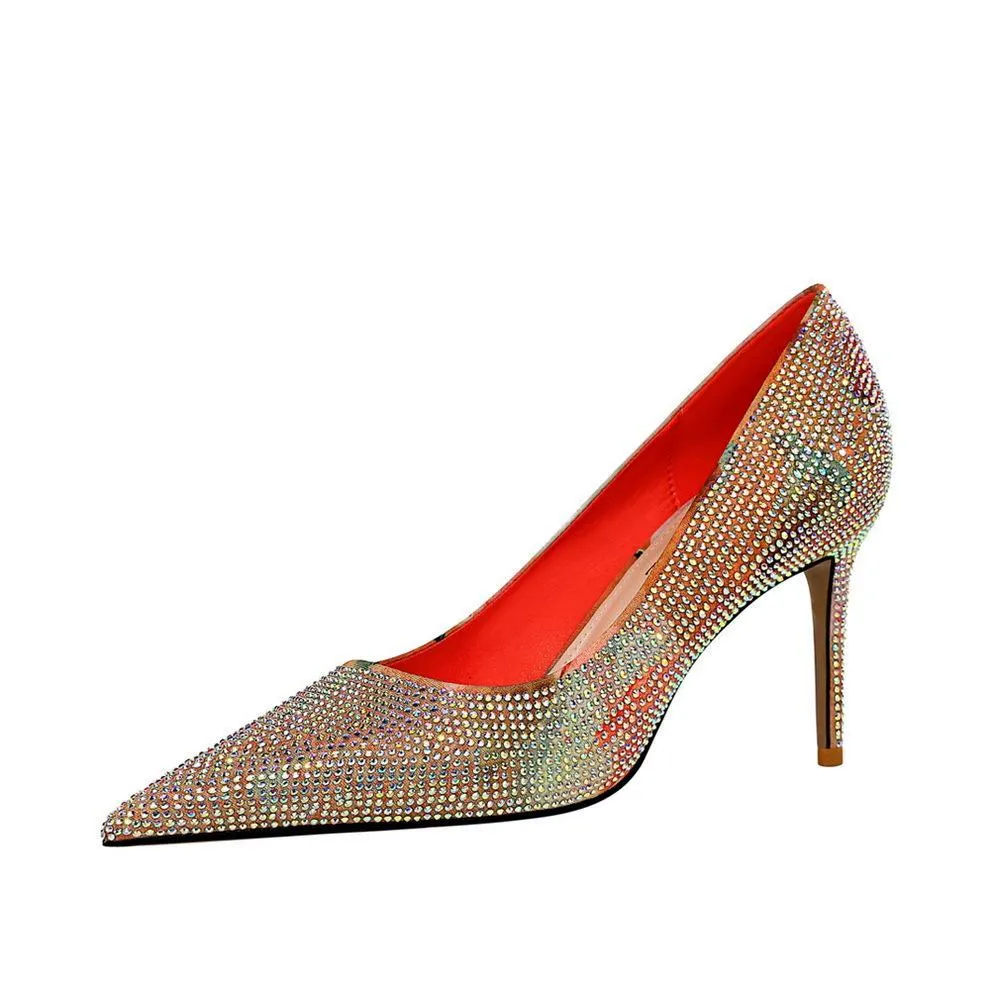Chicvane Womens Color Block Rhinestone Stiletto Heels Pointed Toe Bridal Pumps