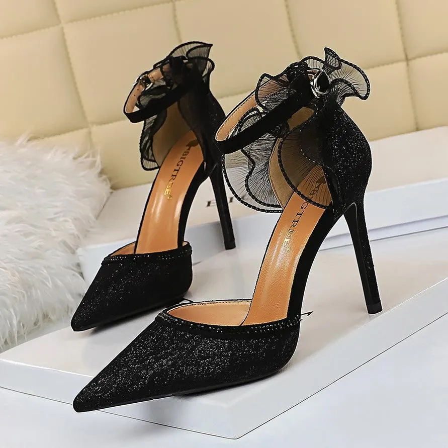 Chicvane Womens Lace Hollow Out Ankle Strap Adjustable Buckle Pointed Toe Stiletto Heel Bridal Heels