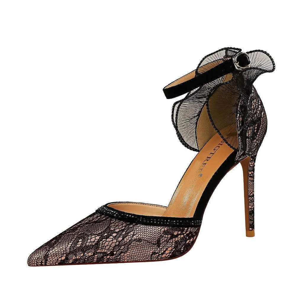 Chicvane Womens Lace Hollow Out Ankle Strap Adjustable Buckle Pointed Toe Stiletto Heel Bridal Heels