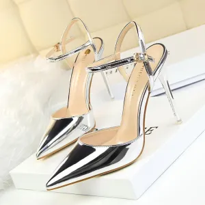 Chicvane Women's Patent Leather Stiletto Heel Closed Toe Pumps with Buckle