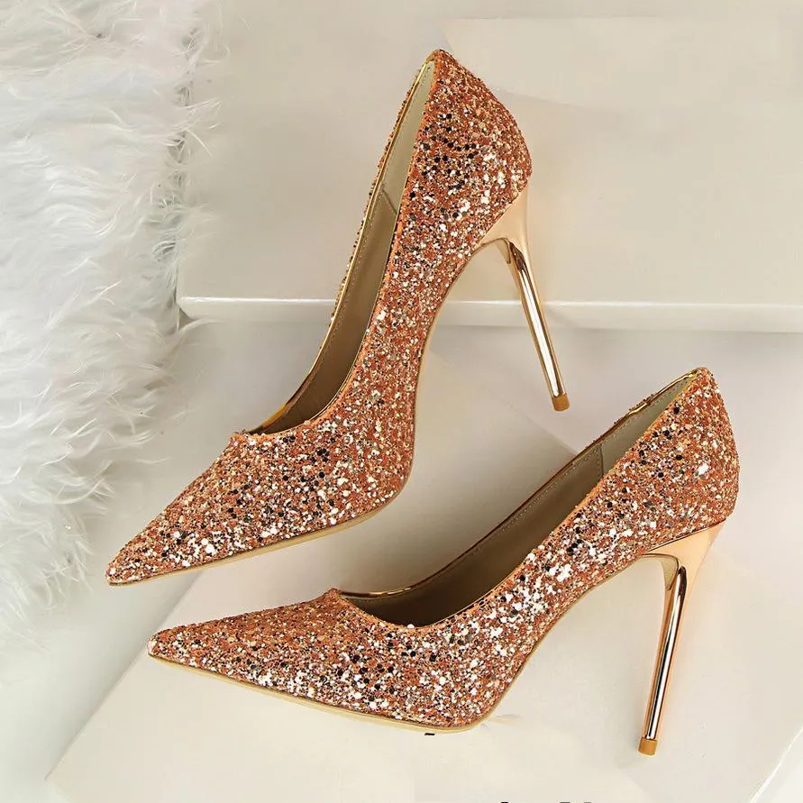 Chicvane Womens Wedding Bridal Shoes Sequin Pointed Toe Stiletto Heel