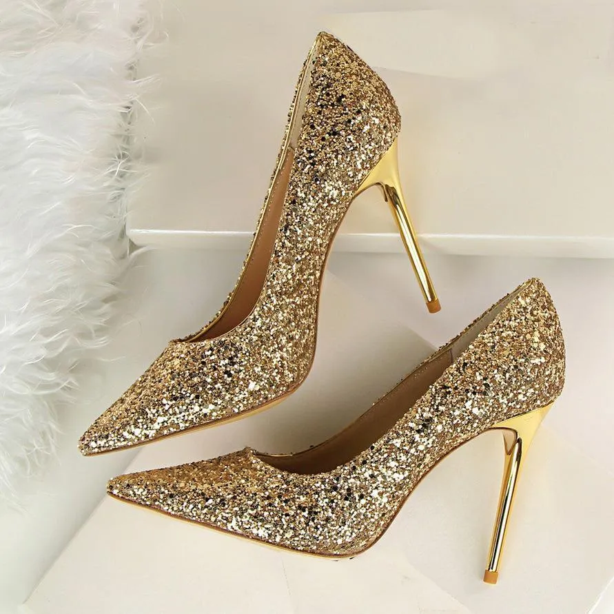 Chicvane Womens Wedding Bridal Shoes Sequin Pointed Toe Stiletto Heel
