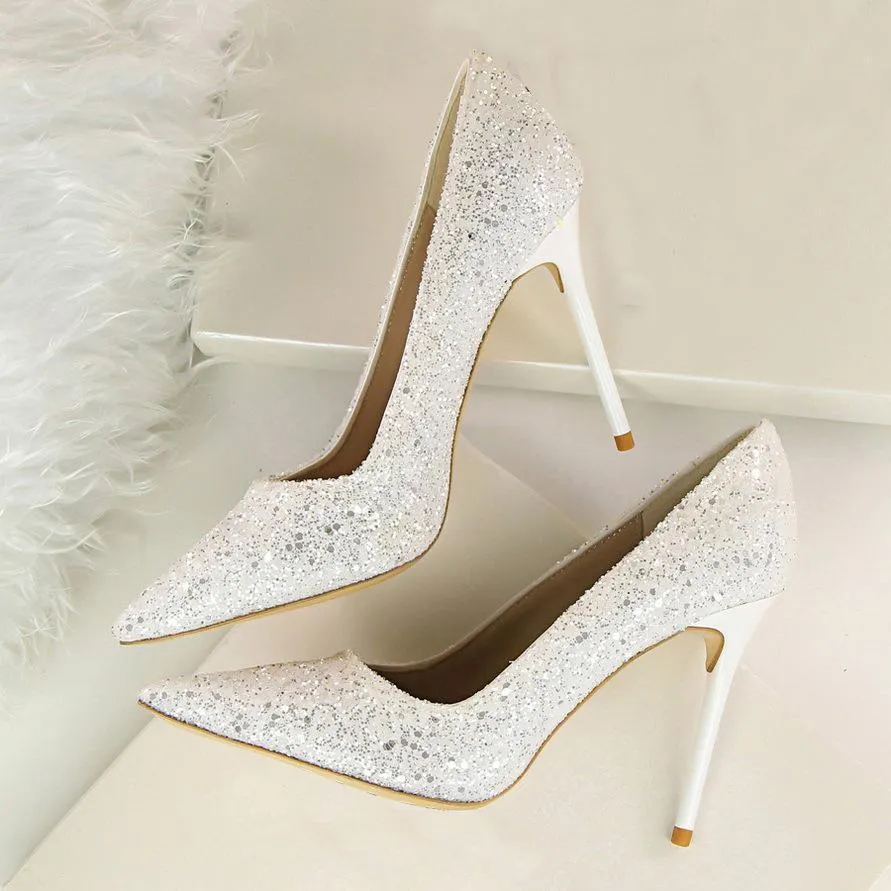 Chicvane Womens Wedding Bridal Shoes Sequin Pointed Toe Stiletto Heel