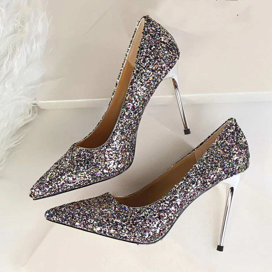 Chicvane Womens Wedding Bridal Shoes Sequin Pointed Toe Stiletto Heel
