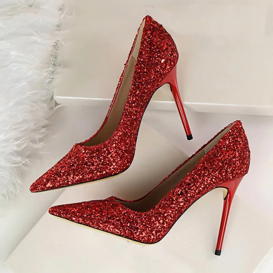 Chicvane Womens Wedding Bridal Shoes Sequin Pointed Toe Stiletto Heel