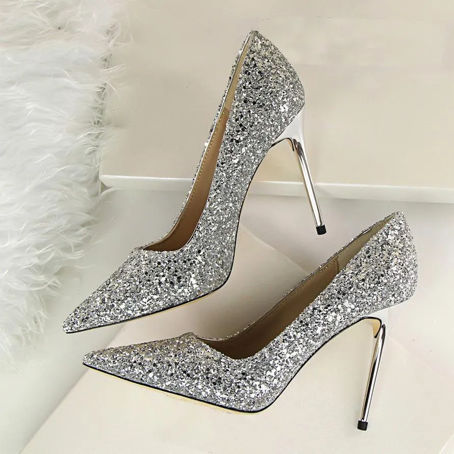 Chicvane Womens Wedding Bridal Shoes Sequin Pointed Toe Stiletto Heel