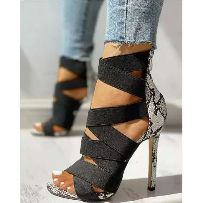 Cross ties snake pattern thin High Heels Sandals