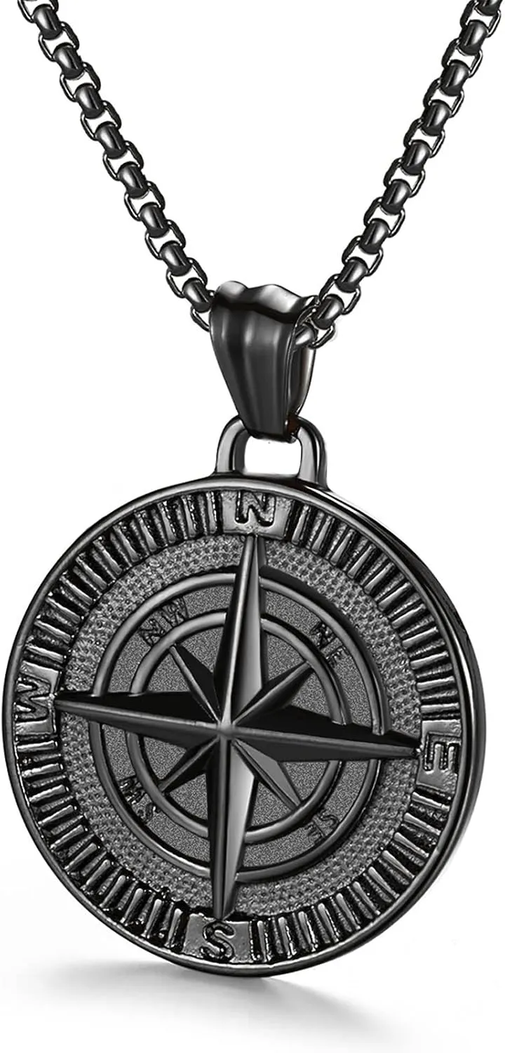 Men's Compass Pendant Necklace Stainless Steel Navigator Forged for Male Jewelry