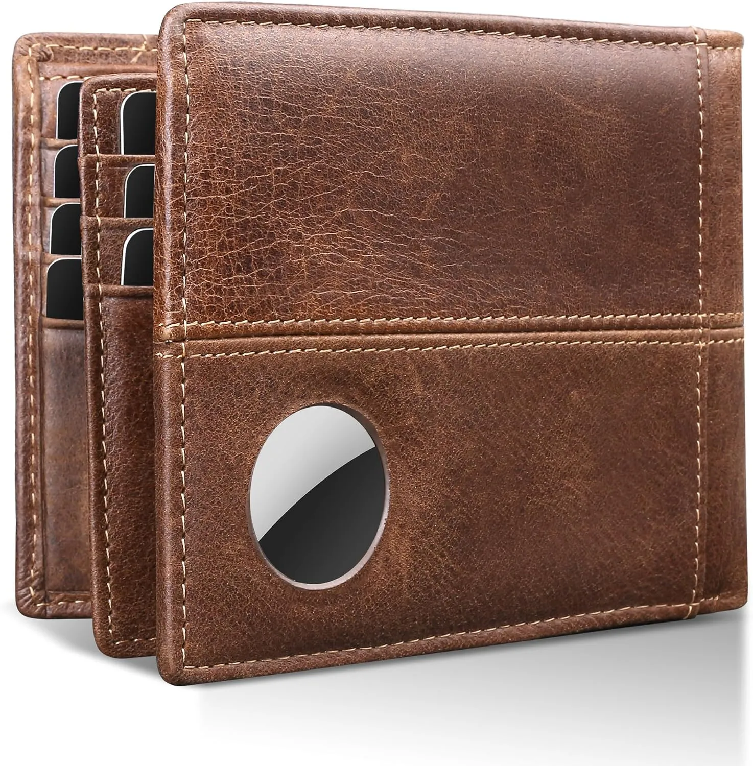 Swallowmall AirTag Wallet Mens RFID Blocking Genuine Bifold Leather Wallets for air tag Men's Wallet with 1 ID Window 15 Card Slots (Airtag Not included)