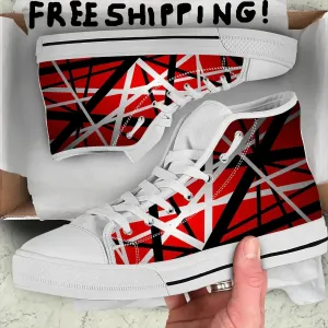 Van Evh High-Top Canvas Sneakers Red, Black, White    More Stripes Halen - Lightweight, Breathable Casual Shoes for Men & Women