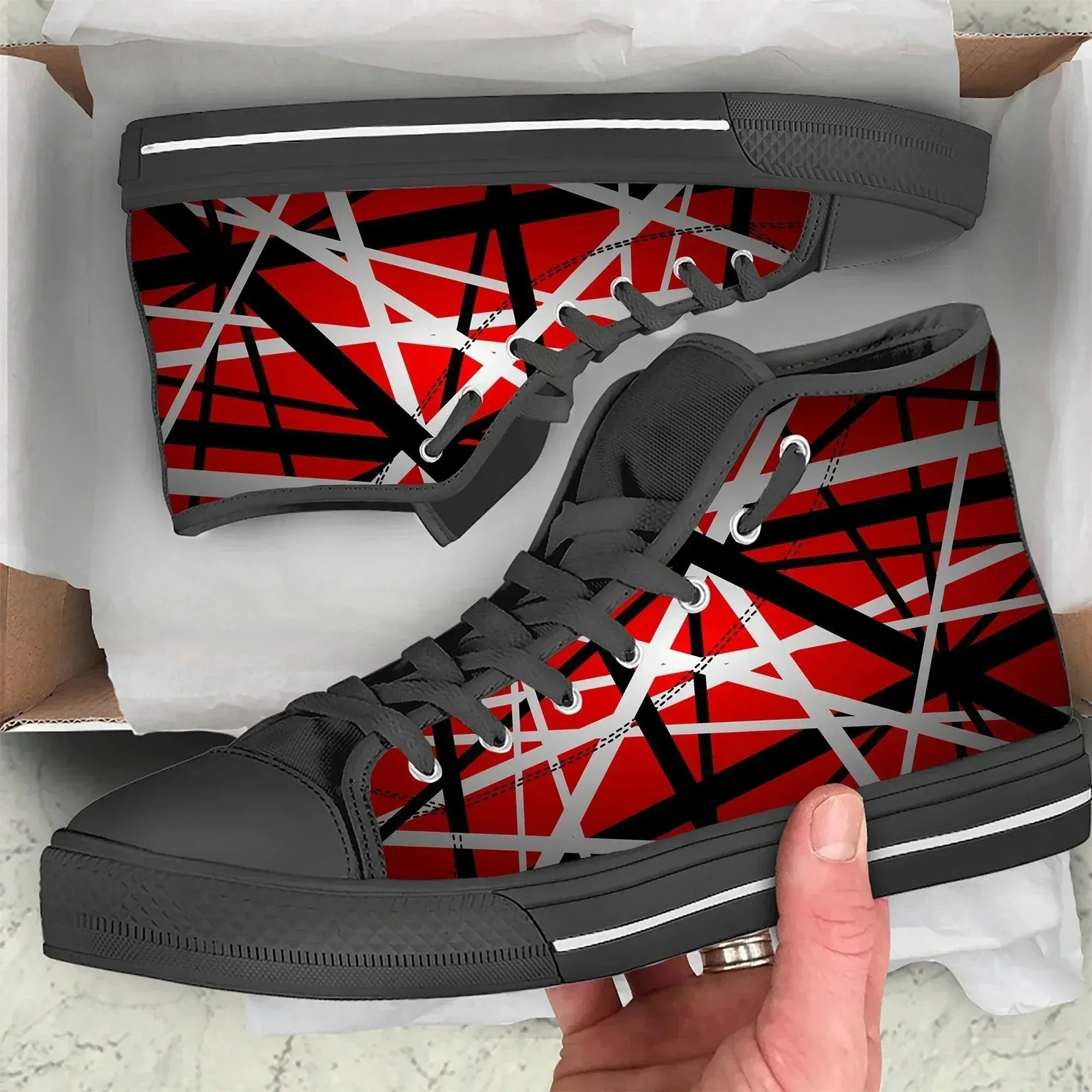 Van Evh High-Top Canvas Sneakers Red, Black, White    More Stripes Halen - Lightweight, Breathable Casual Shoes for Men & Women