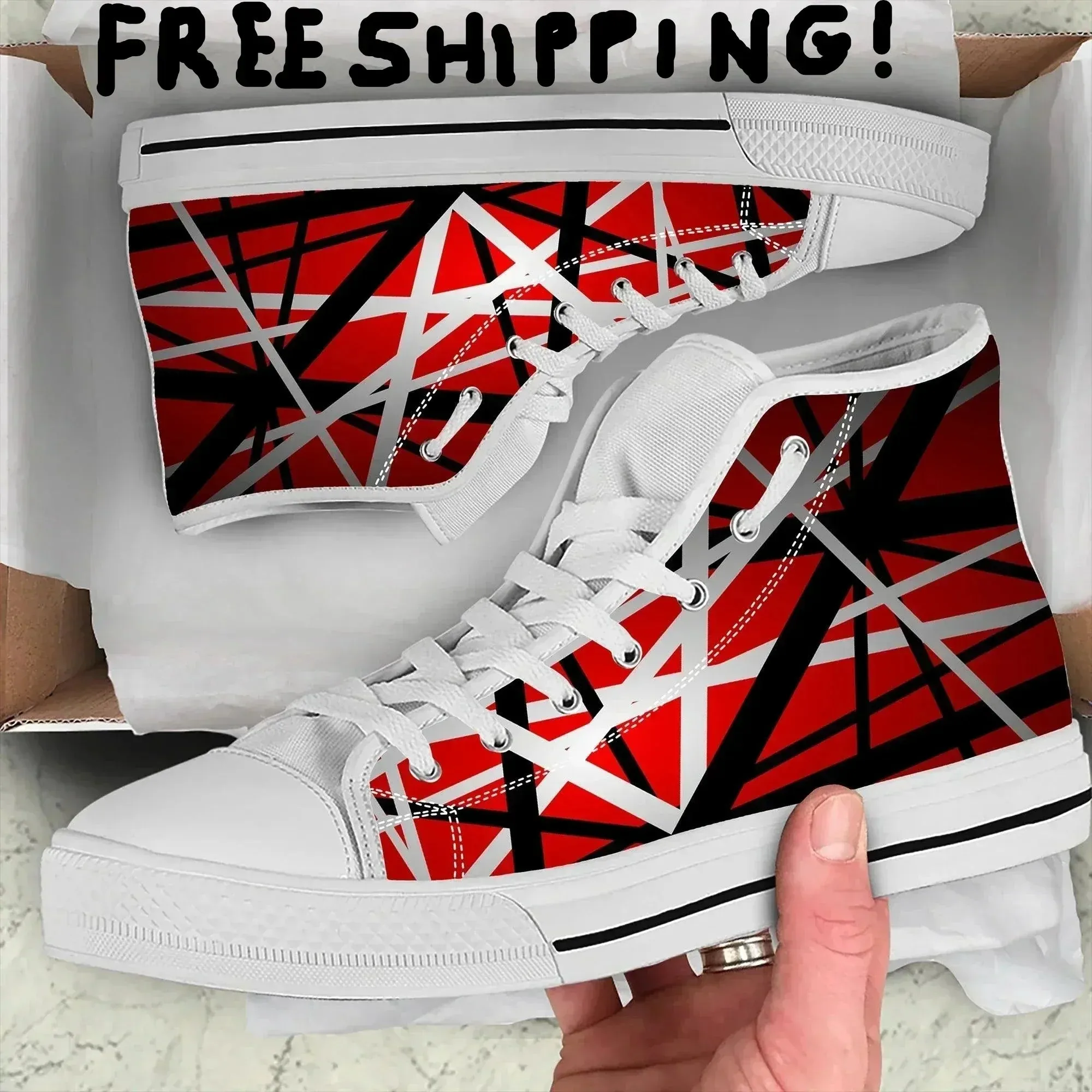 Van Evh High-Top Canvas Sneakers Red, Black, White    More Stripes Halen - Lightweight, Breathable Casual Shoes for Men & Women