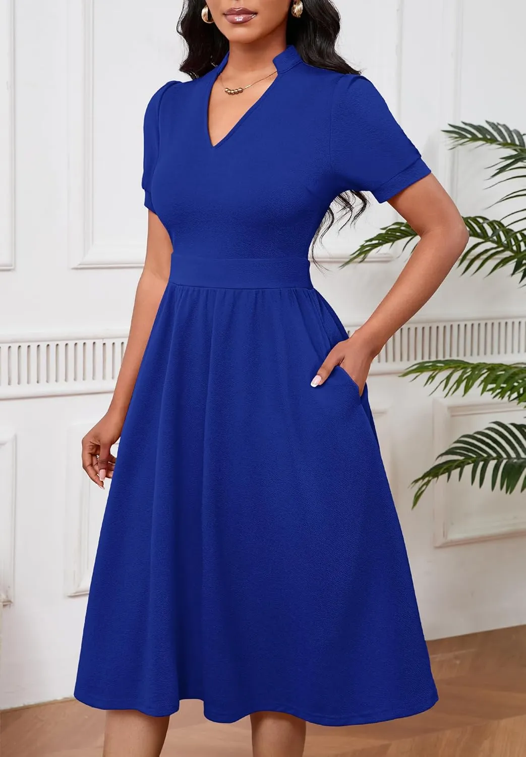 Women Dresses Short Sleeve Semi-Formal Knee Length V Neck Casual Ladies Dress