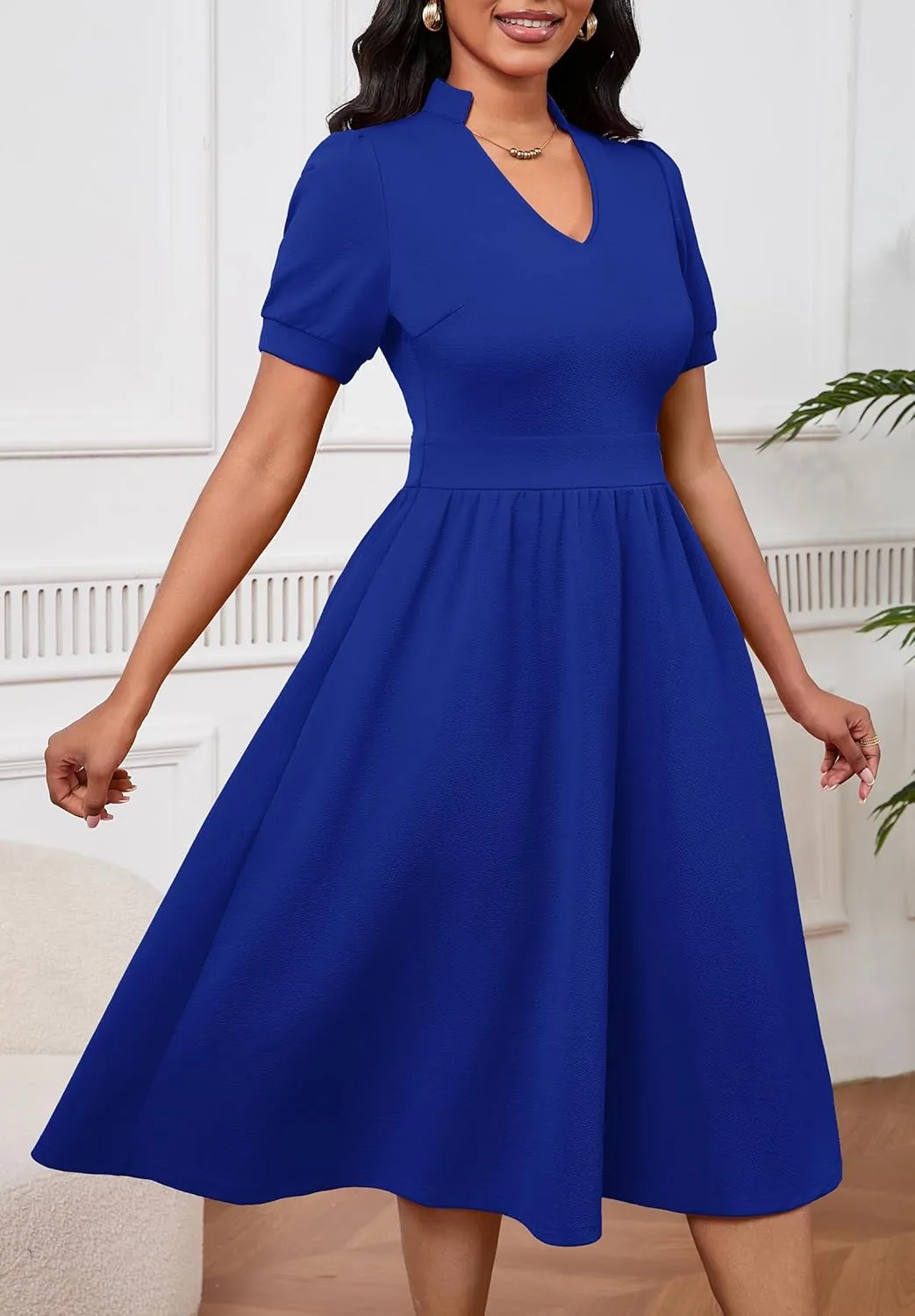 Women Dresses Short Sleeve Semi-Formal Knee Length V Neck Casual Ladies Dress