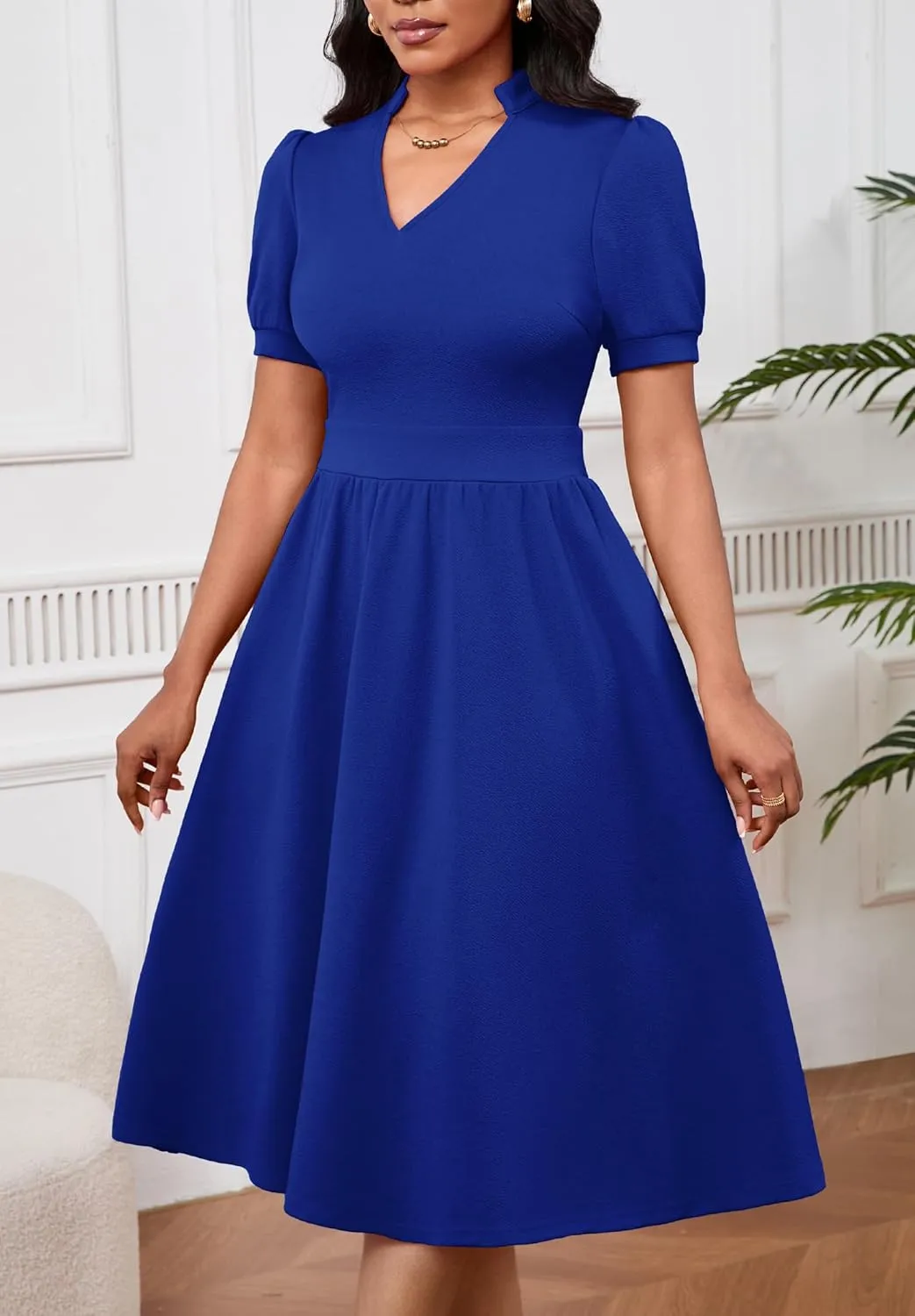 Women Dresses Short Sleeve Semi-Formal Knee Length V Neck Casual Ladies Dress