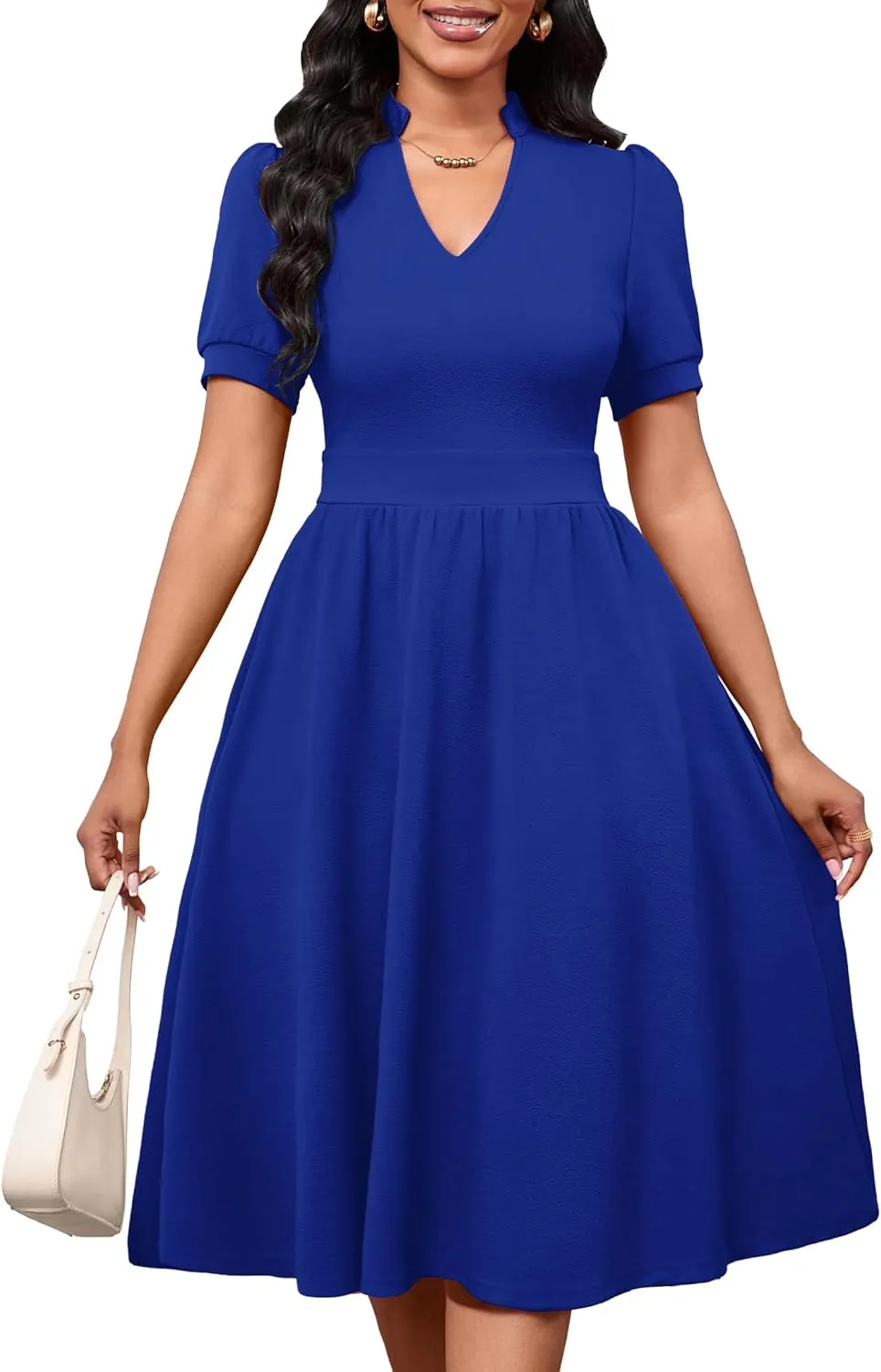 Women Dresses Short Sleeve Semi-Formal Knee Length V Neck Casual Ladies Dress