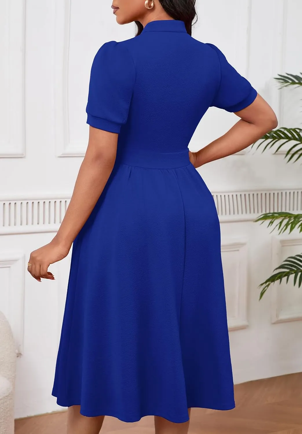 Women Dresses Short Sleeve Semi-Formal Knee Length V Neck Casual Ladies Dress