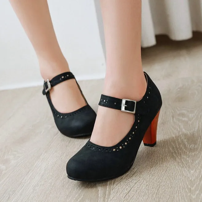 Women's retro brogue marry jane shoes chunky high heels round toe oxfords dress shoes